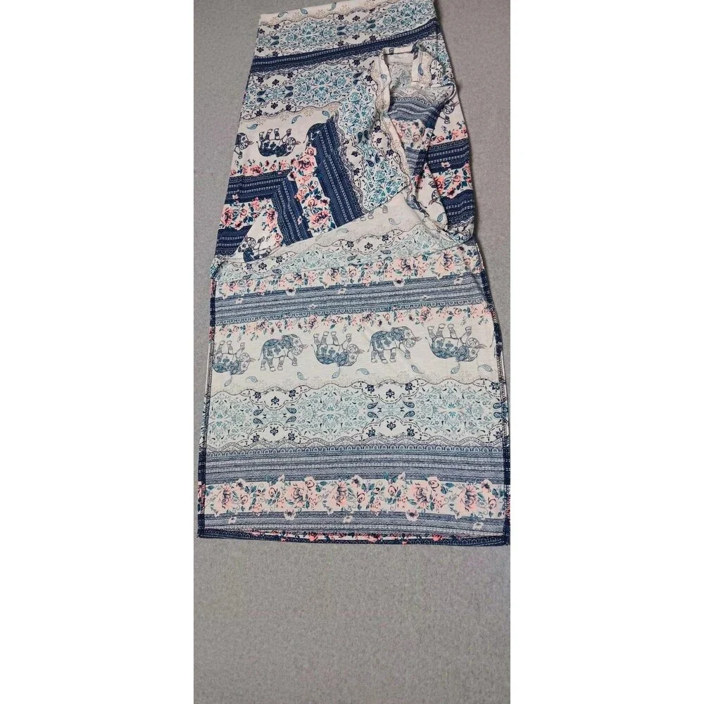 Bohemian Elephant Pattern Side Slits Maxi Skirt Small Blue Summer Beach Festival